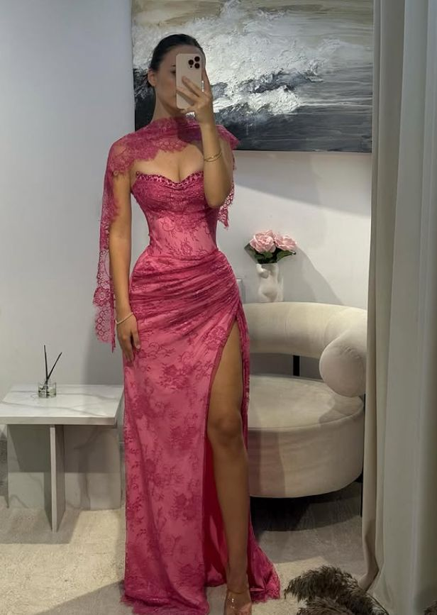 Pink Lace Prom Dress Sweetheart Neck Evening Dress With Slit fg8226