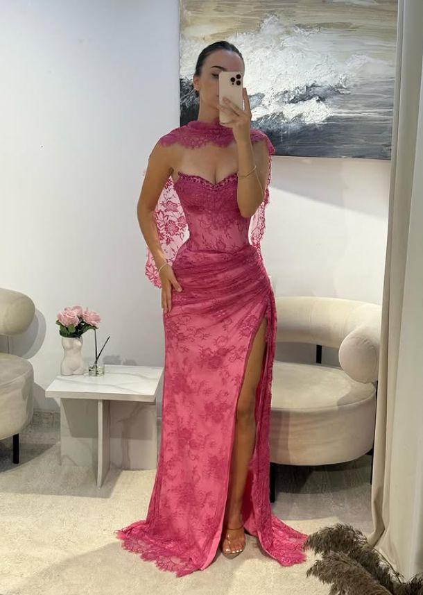 Pink Lace Prom Dress Sweetheart Neck Evening Dress With Slit fg8226