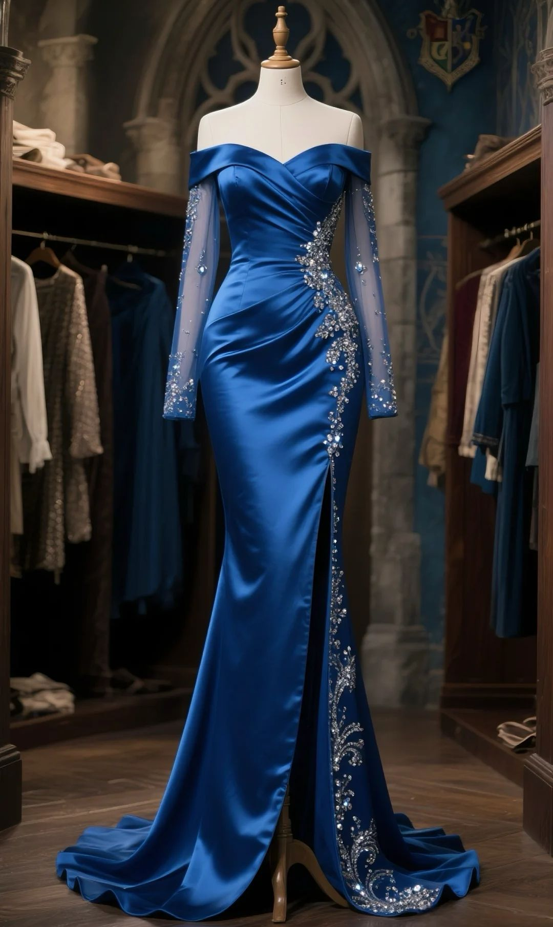 Elegant Off The Shoulder Satin Tulle Long Sleeves Beaded Slit Long Prom Dress, Evening Dress fg8416