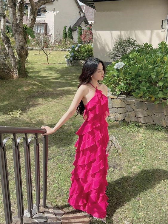 Sheath Halter Sleeveless Pink Chiffon Prom Dress 22th Birthday Outfit fg6824