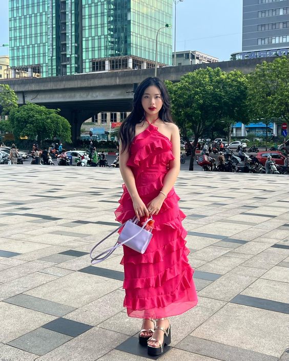Sheath Halter Sleeveless Pink Chiffon Prom Dress 22th Birthday Outfit fg6824