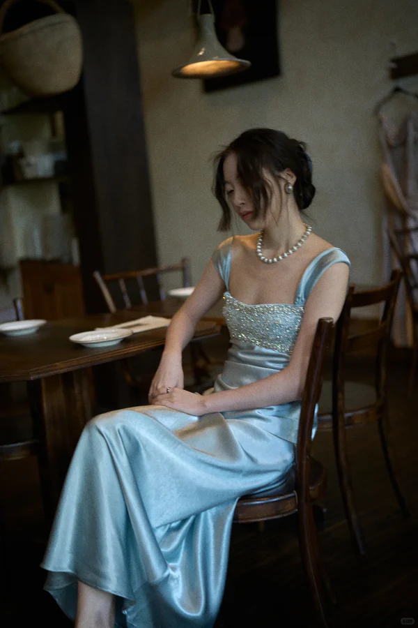 Elegant Blue A Line Straps Beaded Satin Long Prom Dress Evening Dress fg8690