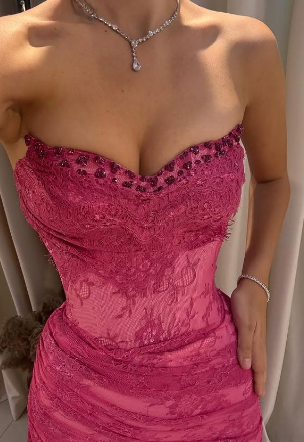 Pink Lace Prom Dress Sweetheart Neck Evening Dress With Slit fg8226