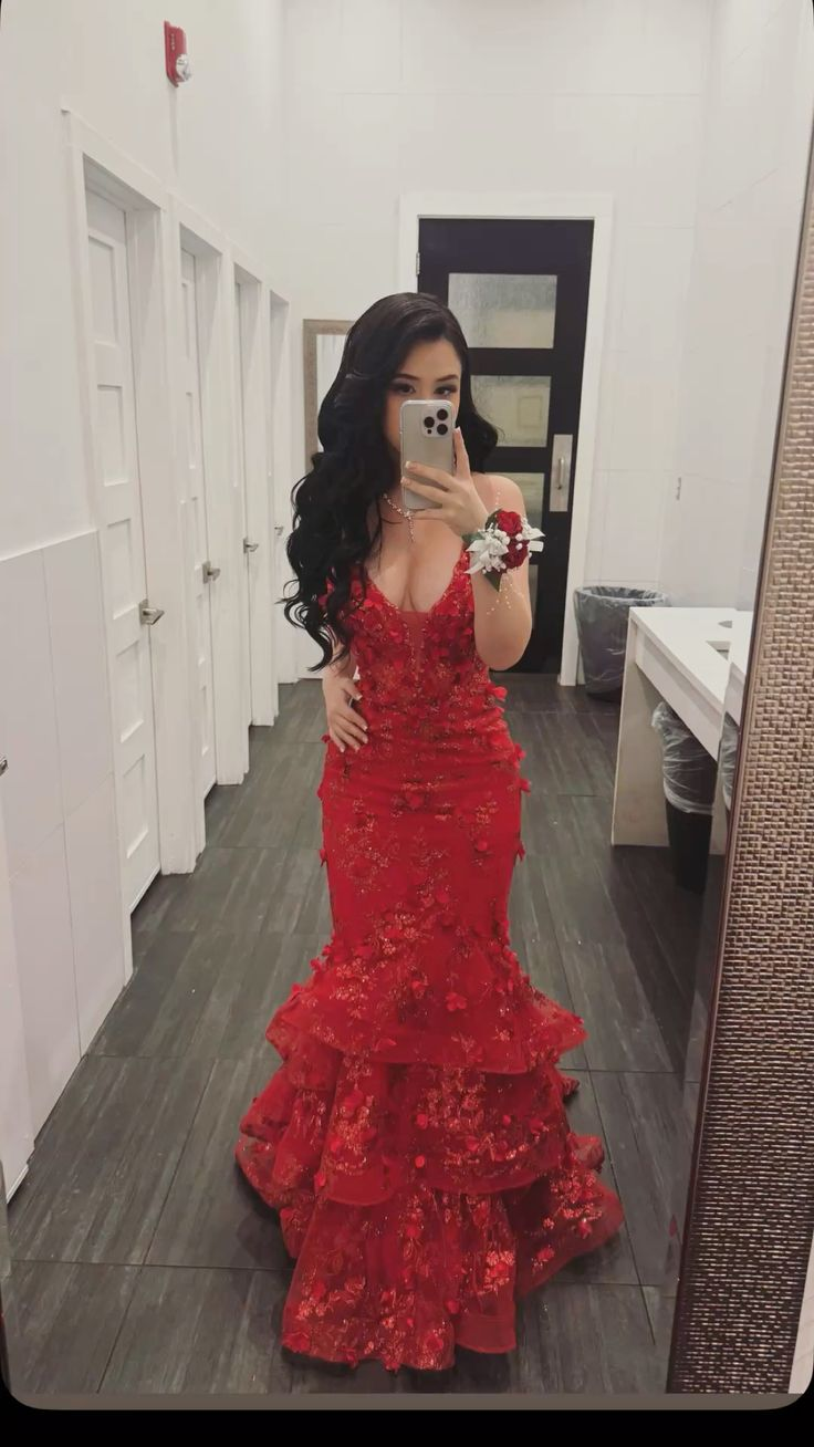 Red Mermaid Prom Party Dress With Flowers Sexy Evening Dress Birthday Outfit fg8474
