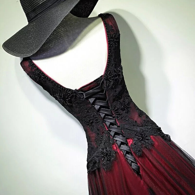 Gorgeous Black And Red V-Neckline Tulle Beaded Prom Dress, Long Evening Gown fg1880
