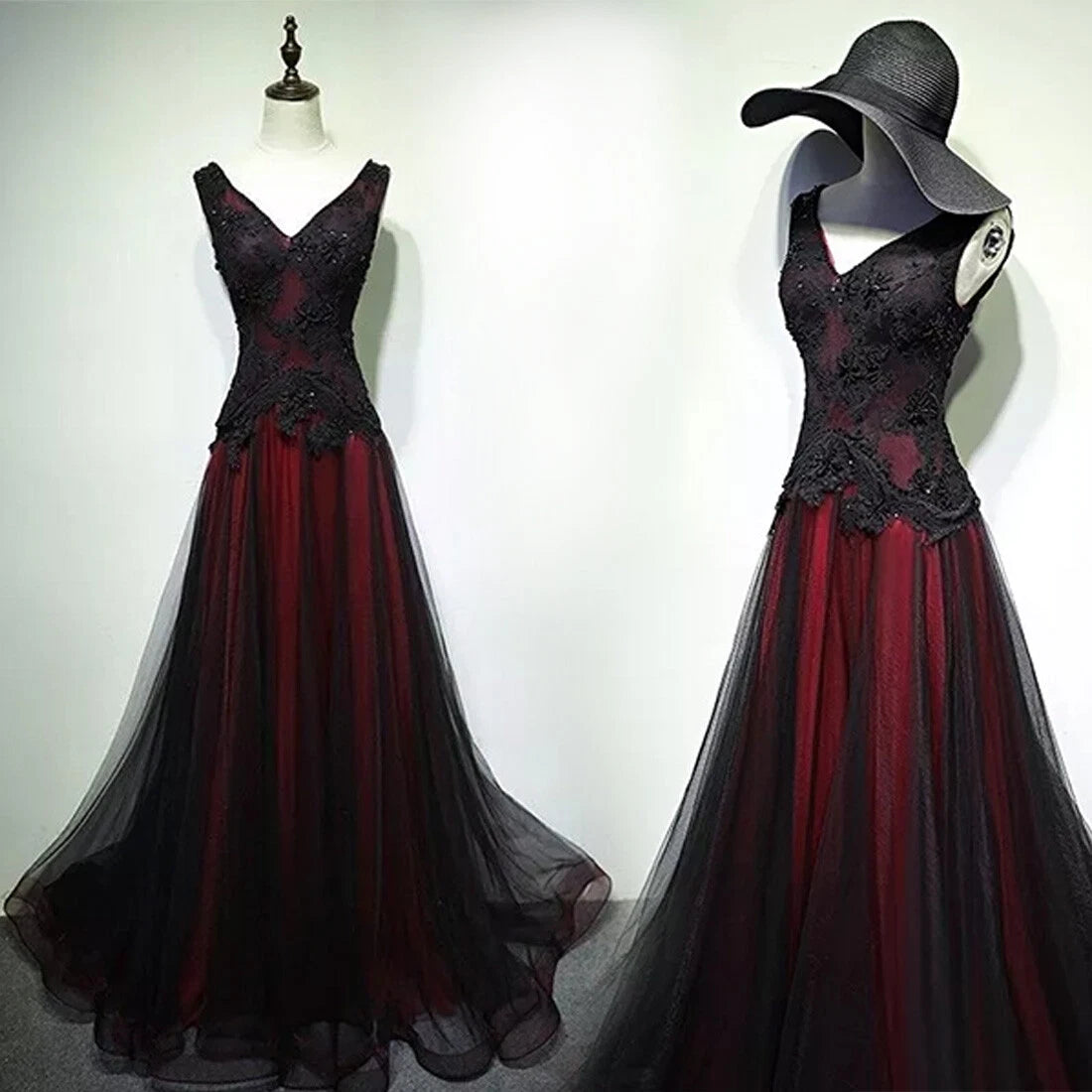 Gorgeous Black And Red V-Neckline Tulle Beaded Prom Dress, Long Evening Gown fg1880