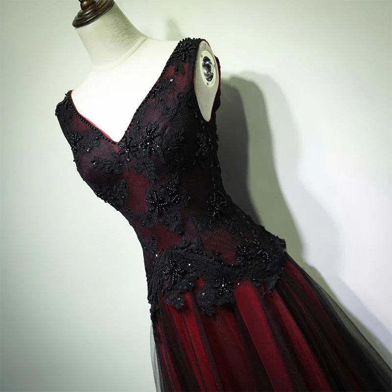 Gorgeous Black And Red V-Neckline Tulle Beaded Prom Dress, Long Evening Gown fg1880