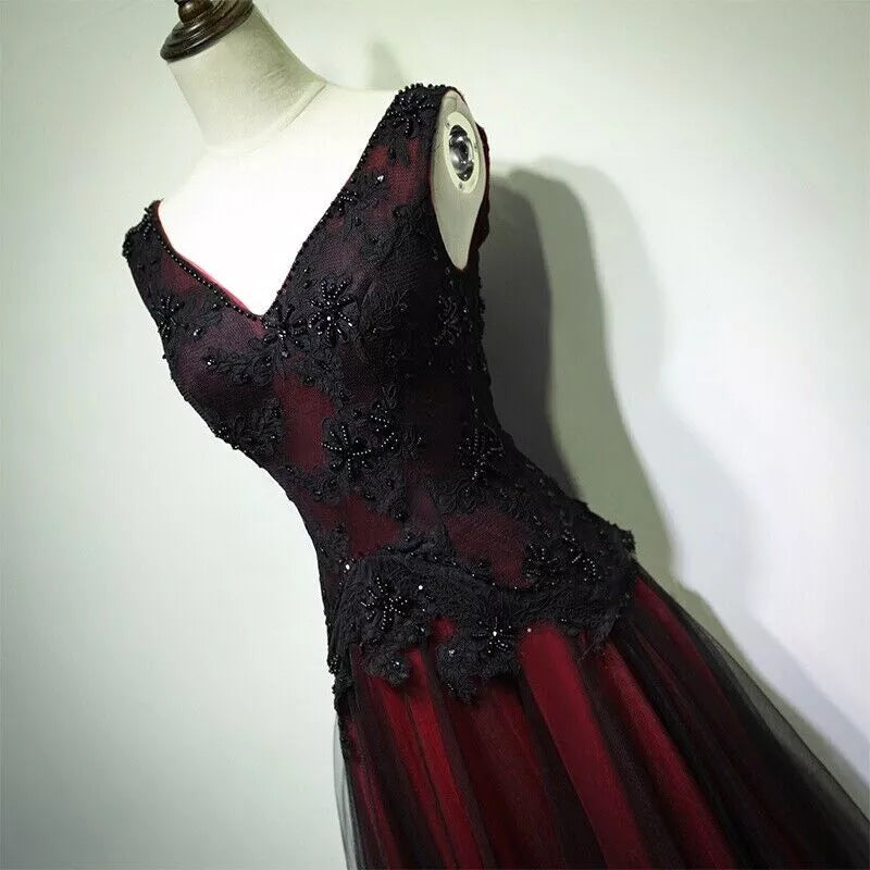 Gorgeous Black And Red V-Neckline Tulle Beaded Prom Dress, Long Evening Gown fg1880