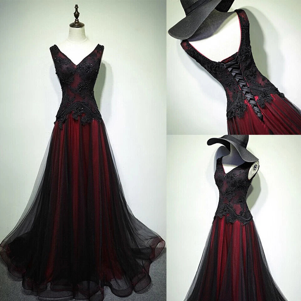 Gorgeous Black And Red V-Neckline Tulle Beaded Prom Dress, Long Evening Gown fg1880