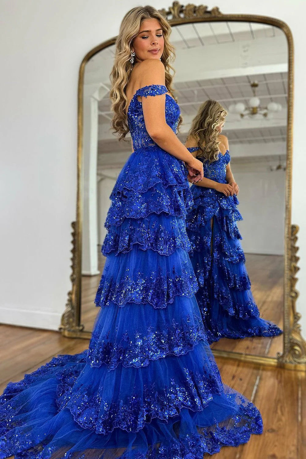Off Shoulder Layered Navy Blue Lace Long Prom Dress with Split, Off the Shoulder Navy Blue Formal Dress fg4837