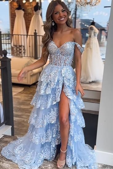 Off Shoulder Layered Navy Blue Lace Long Prom Dress with Split, Off the Shoulder Navy Blue Formal Dress fg4837