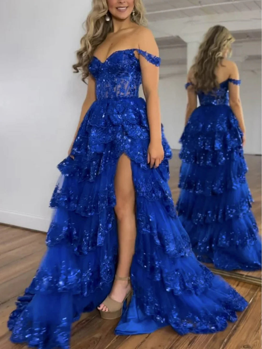 Off Shoulder Layered Navy Blue Lace Long Prom Dress with Split, Off the Shoulder Navy Blue Formal Dress fg4837