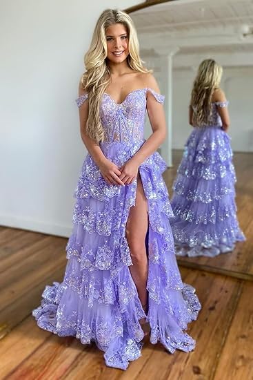 Off Shoulder Layered Navy Blue Lace Long Prom Dress with Split, Off the Shoulder Navy Blue Formal Dress fg4837