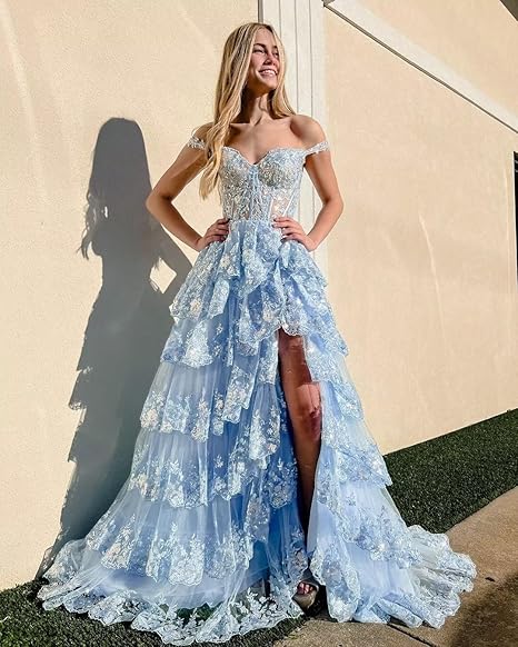 Off Shoulder Layered Navy Blue Lace Long Prom Dress with Split, Off the Shoulder Navy Blue Formal Dress fg4837