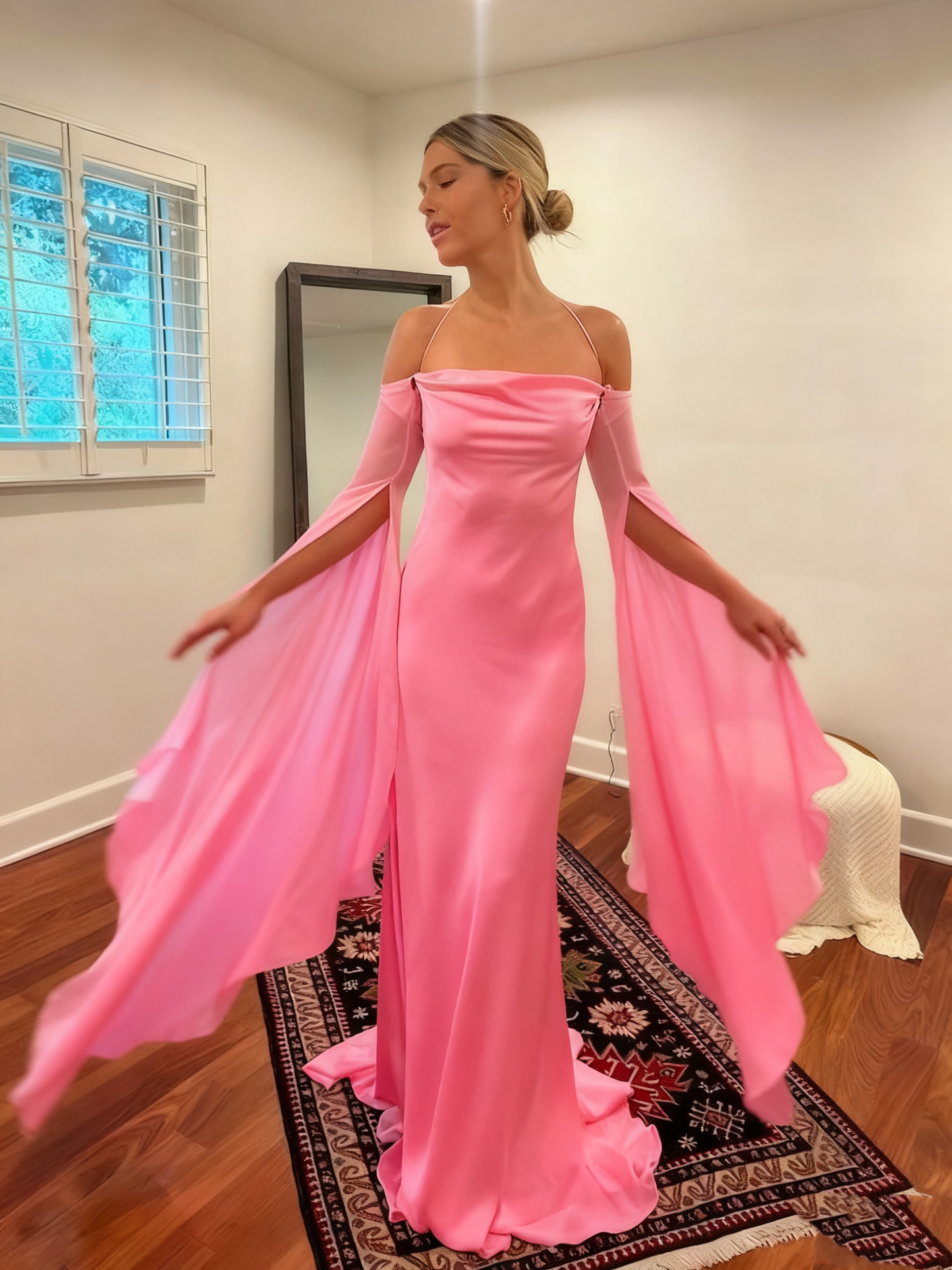 Wedding Dresses Soft Satin Long Floor Length Open Back Simple Bridal Gown With Detachable Flare Sleeves fg6409