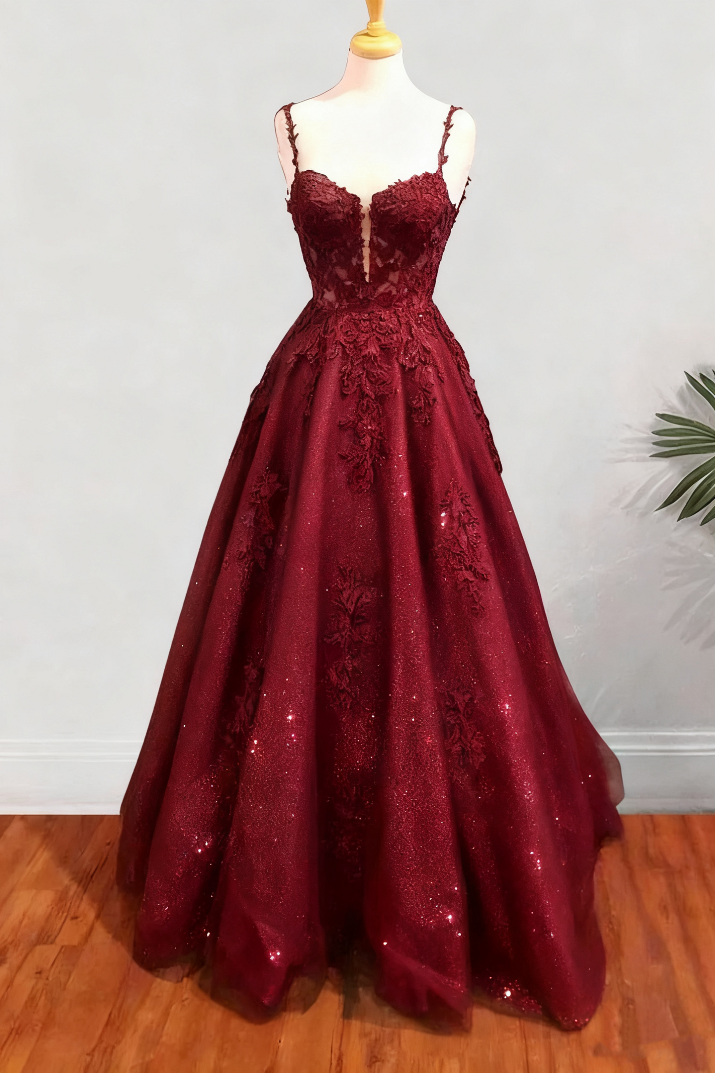 A-Linie Spaghettiträger Langes/Bodenlanges Tüll-Ballkleid mit Perlenbesatz und Glitzerapplikationen fg6754