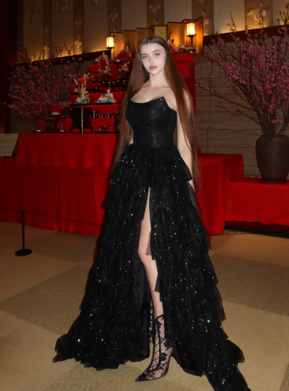 Multi-layer Shiny Elegant Dresses for Women,Luxury Party Dress,Black Prom Dress fg6756