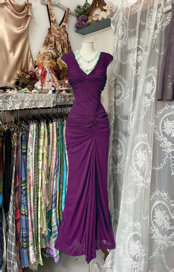Navy Blue Mermaid Pleats Vintage Prom Dress Long Evening Dress fg8038