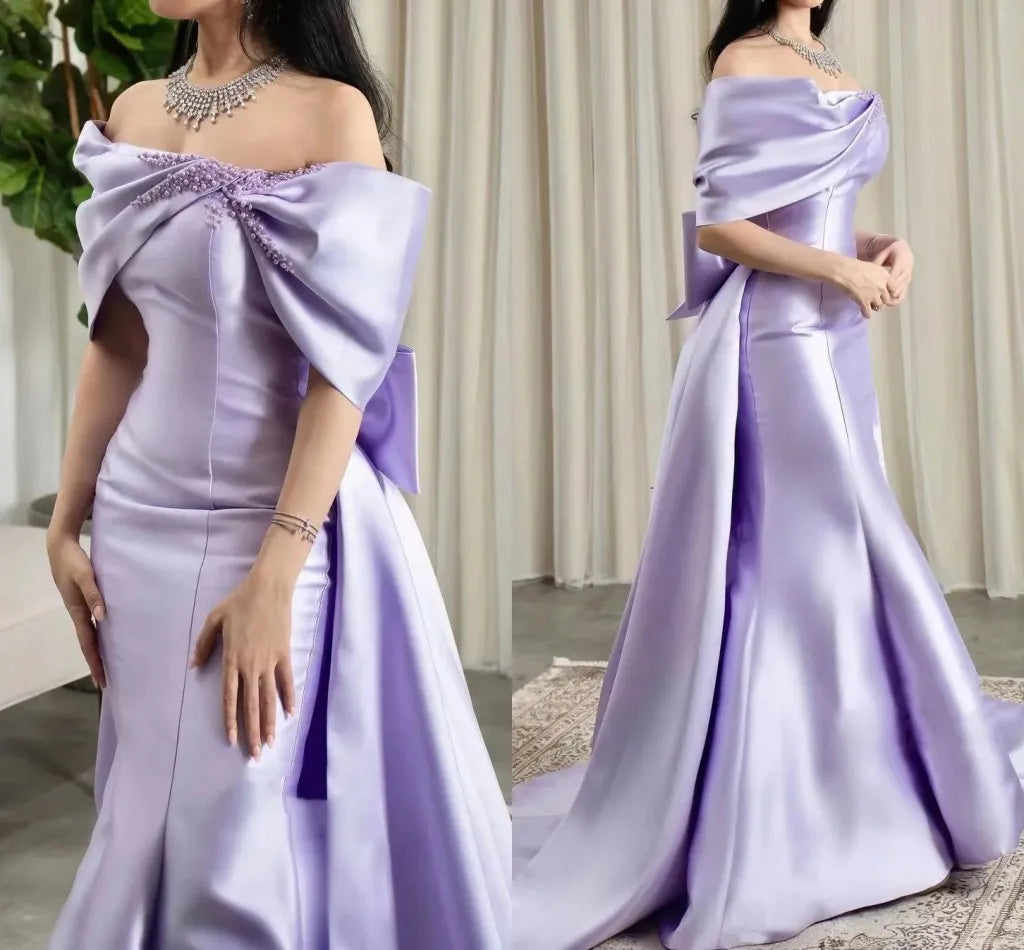 Lilac Pearls Evening Birthday Dress 2024 Off-The-Shoulder Mermaid Sweep Train Bow Satin Formal Prom Gowns fg4285