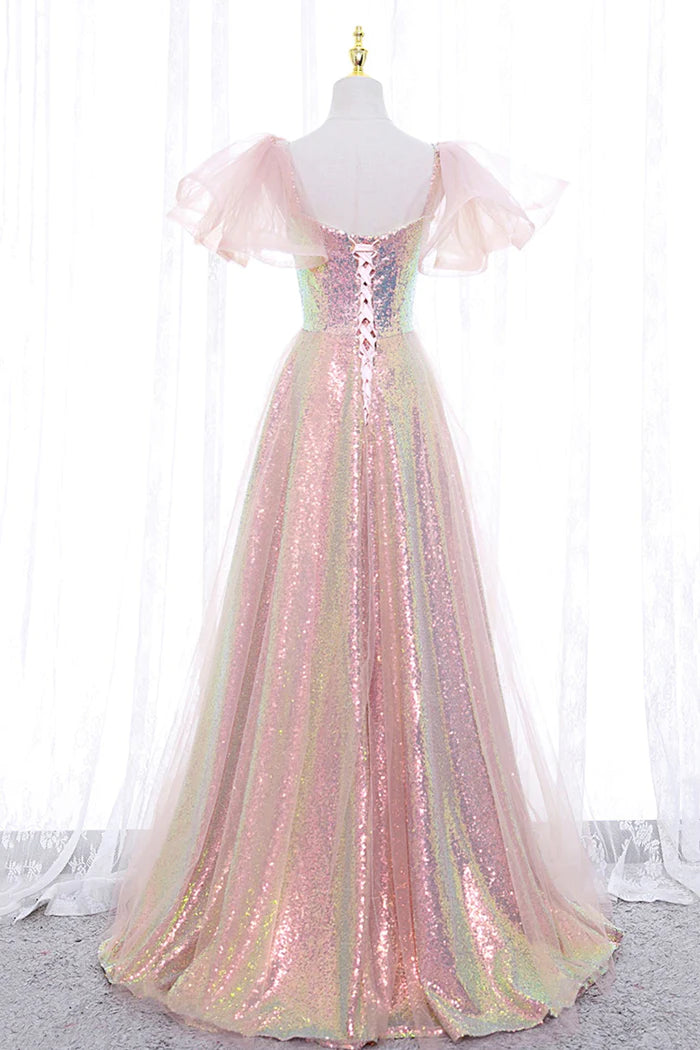 Pink Tulle Sequins Long Prom Dress, Cute Short Sleeve Evening Dress fg4122
