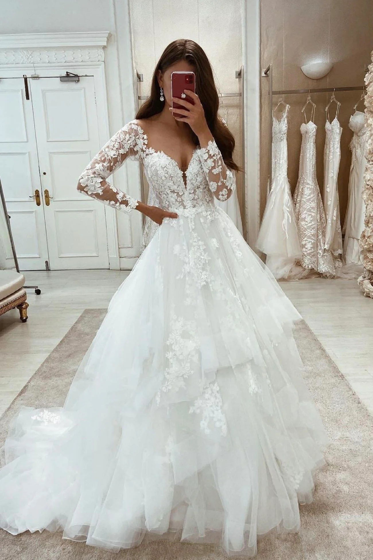 White Lace Long Sleeve Prom Dresses, A-Line Formal Evening Gown fg4281