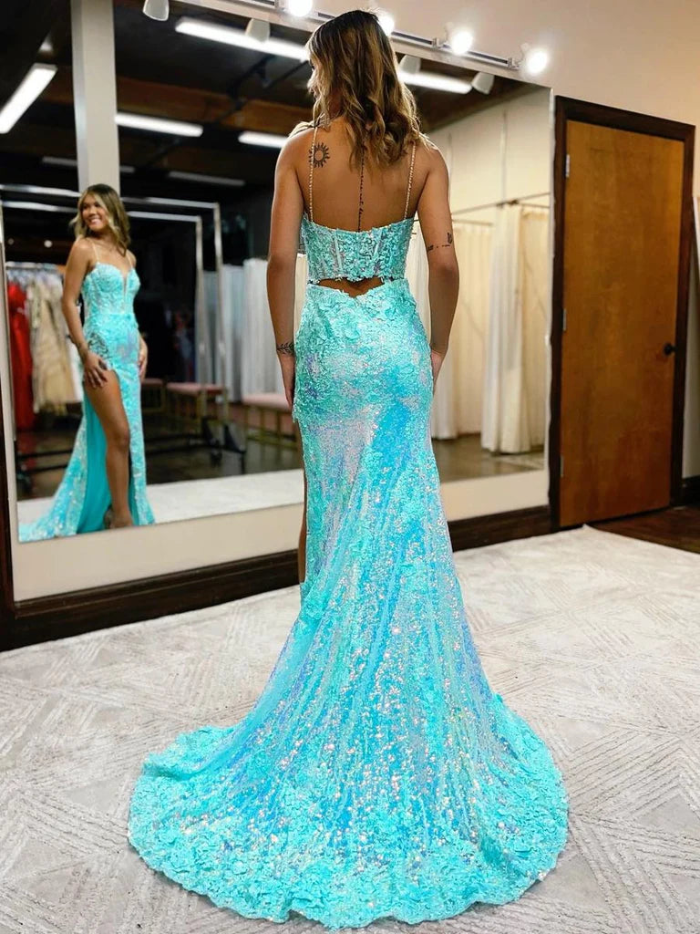 Mermaid / Trumpet Prom Dresses High Split Dress Formal Court Train Sleeveless V Neck Sequined with Slit Appliques fg4291