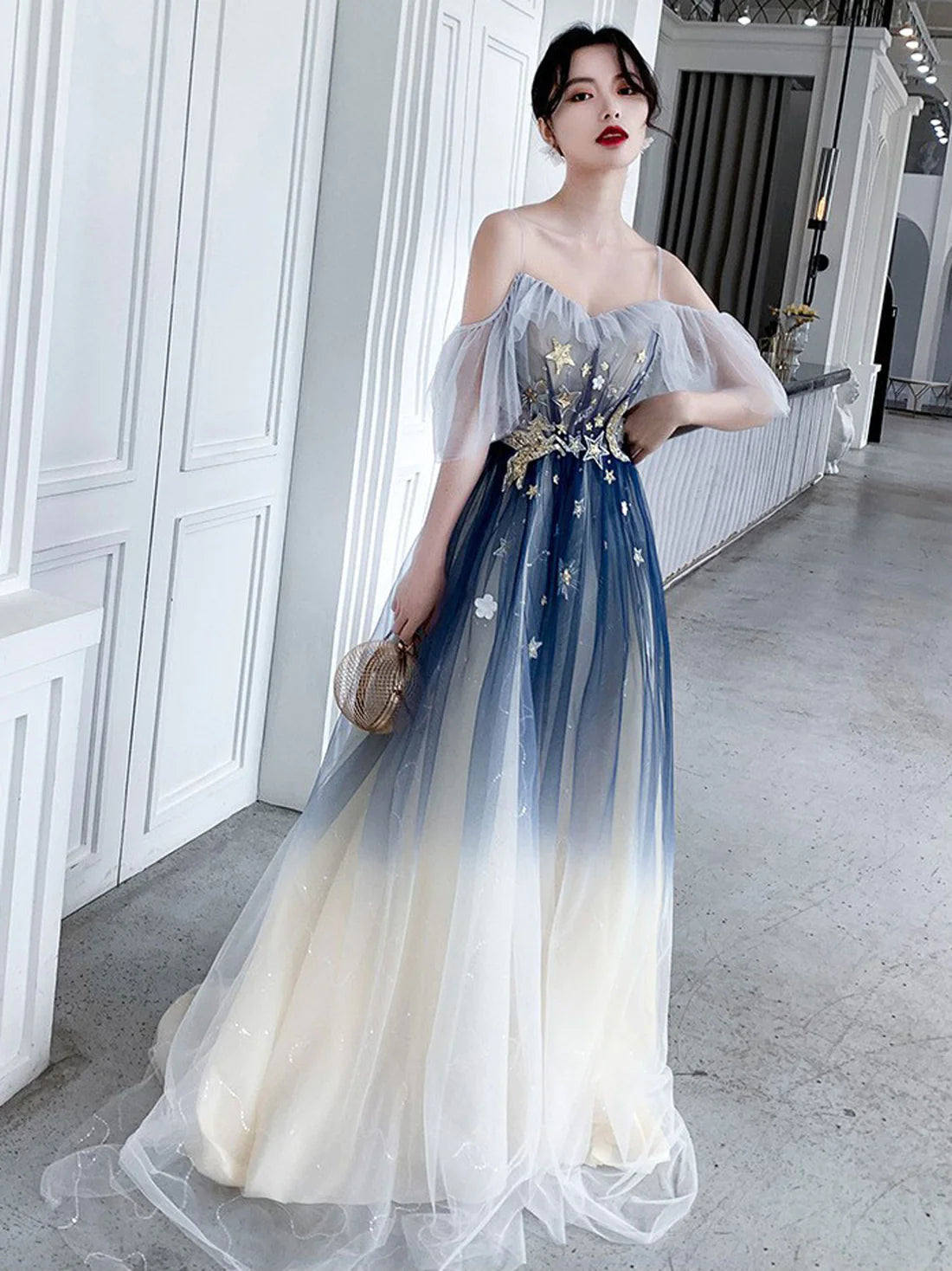 Blue Aline tulle long prom dress blue tulle formal dress fg4007