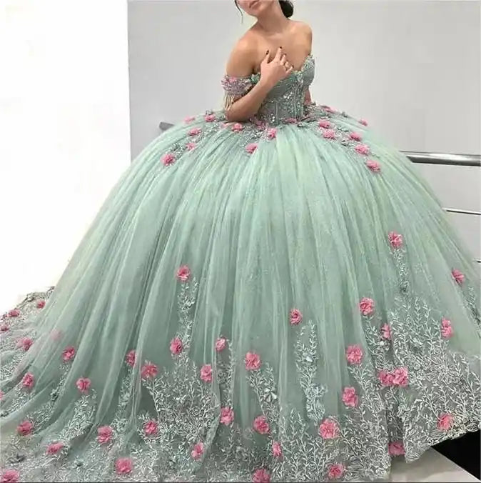 Prom Dresses 3d Flower Applique Prom Dresses Junior Pageant Dresses Sweet 16 Ball Gown fg4310