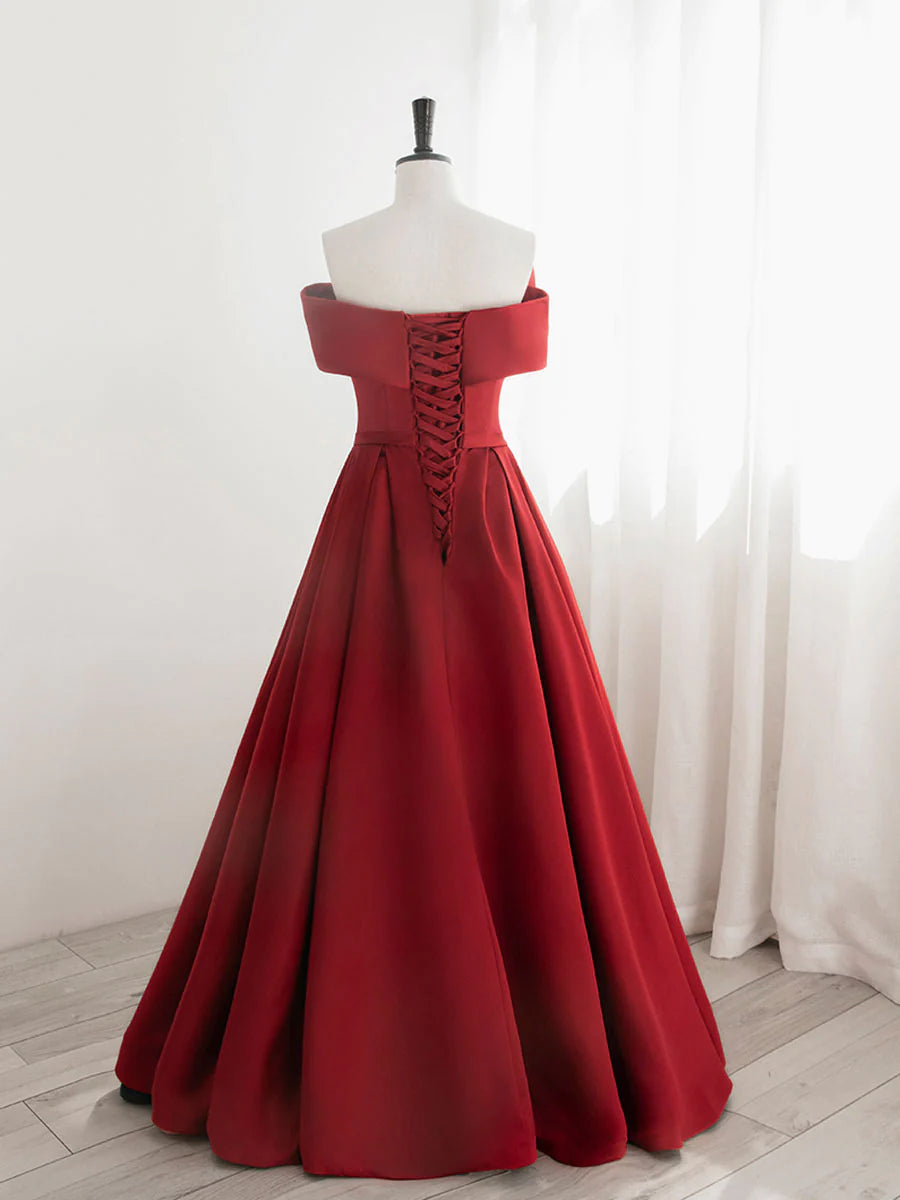 A-Line Satin Red Long Prom Dresses, Red Long Formal Dresses fg4359