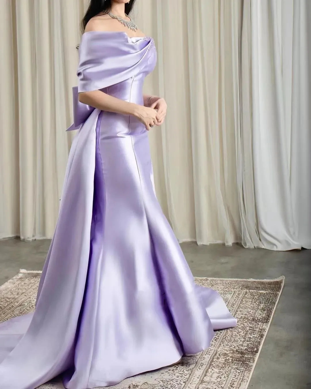 Lilac Pearls Evening Birthday Dress 2024 Off-The-Shoulder Mermaid Sweep Train Bow Satin Formal Prom Gowns fg4285