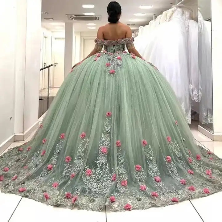 Prom Dresses 3d Flower Applique Prom Dresses Junior Pageant Dresses Sweet 16 Ball Gown fg4310