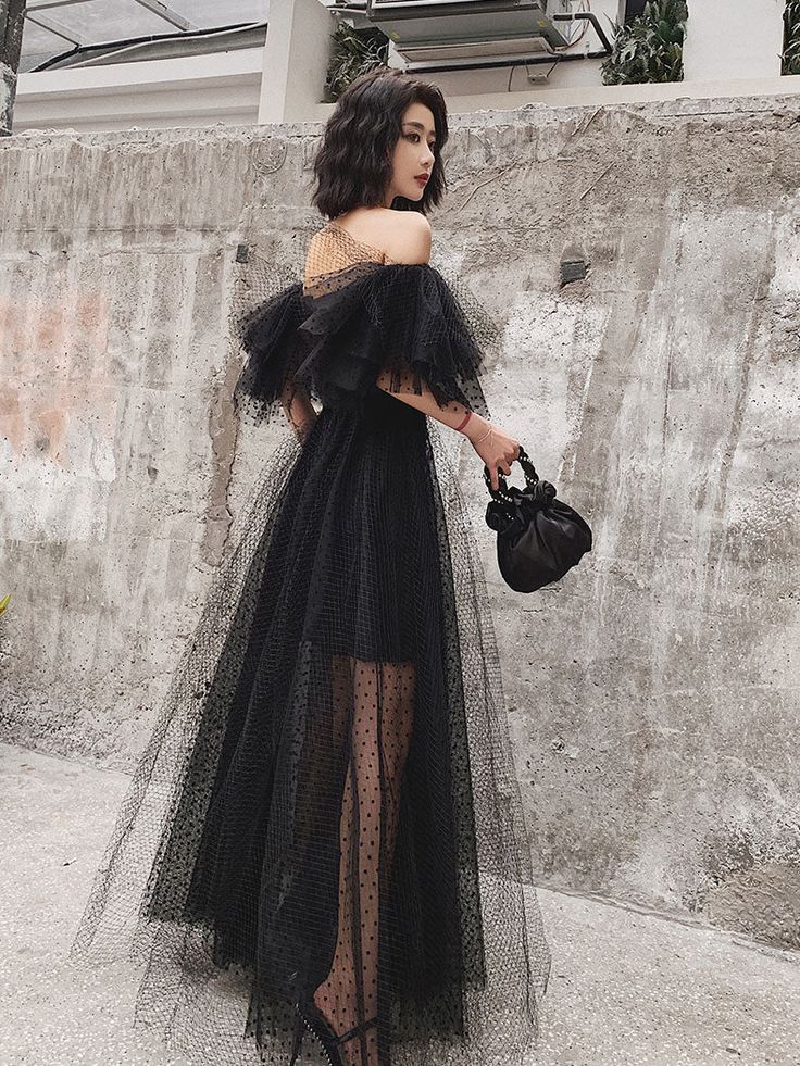 Black Tulle Long Prom Dress, Formal Dress Black Graduation Dresses fg3228