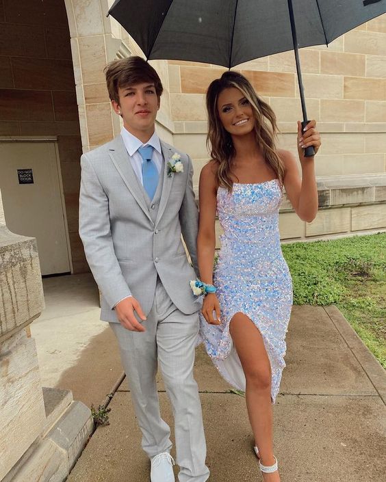 Sparkly Mermaid Scoop Neck White Sequins Long Prom Dresses with Slit fg3182
