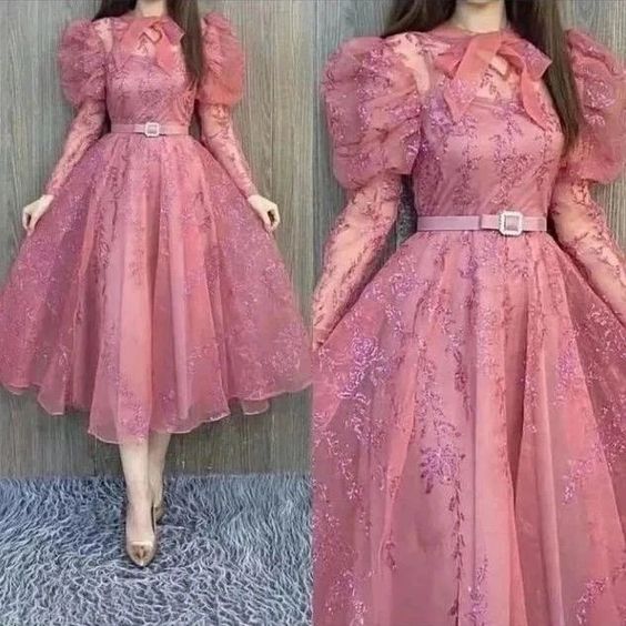 Pink A line tulle lace prom dress tulle party dress fg2907