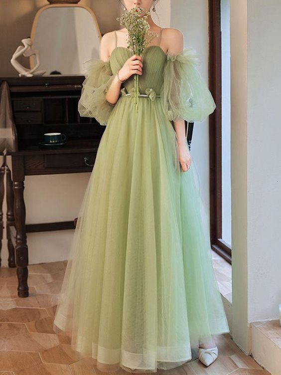 green tulle a line long prom dress, green tulle formal dress fg2704