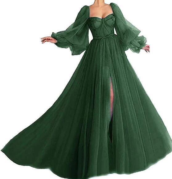 Vintage Tulle Puffy Sleeve Prom Evening Dress with Split fg2972