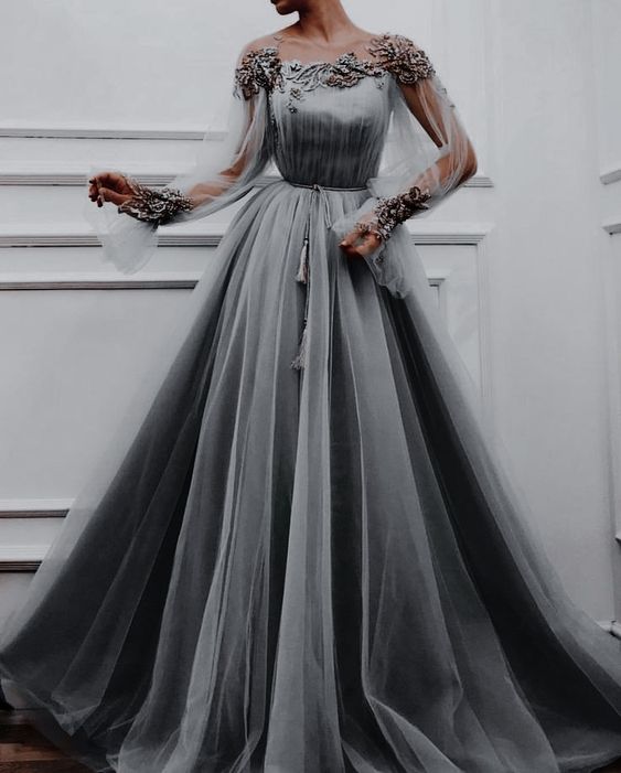 Gray Evening Dress, Long Prom Vintage Dress fg2959