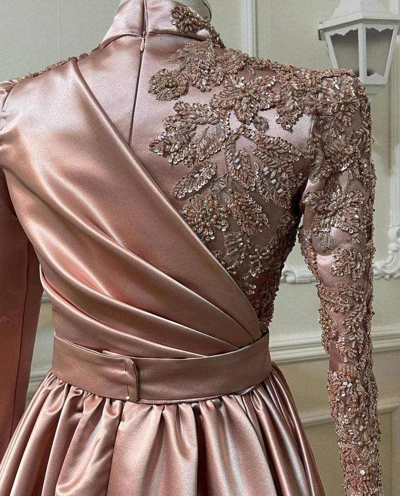 Rose Gold Prom Dress Long Sleeves Dubai Evening Dresses Muslim Women Wedding Party Gowns fg1492