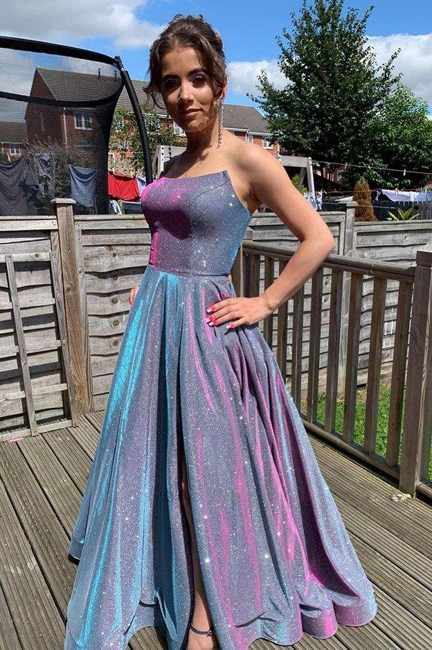 A-Line Purple Multi Sequin Strapless Prom Gown fg1074