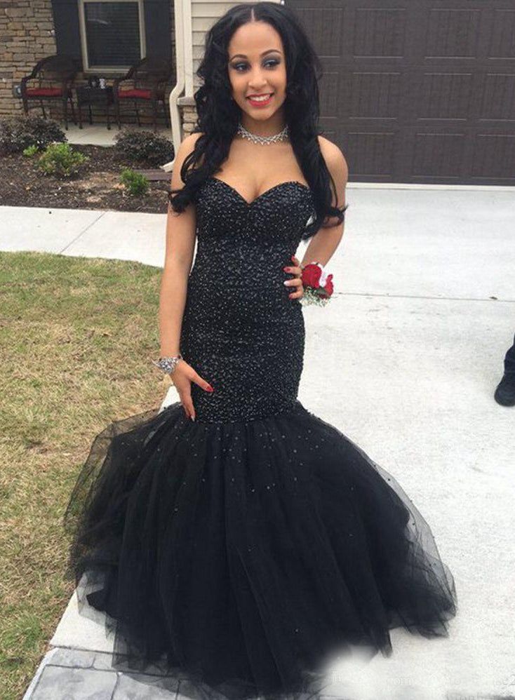 2023 Sweetheart Black Mermaid Beaded Prom Dresses fg1638