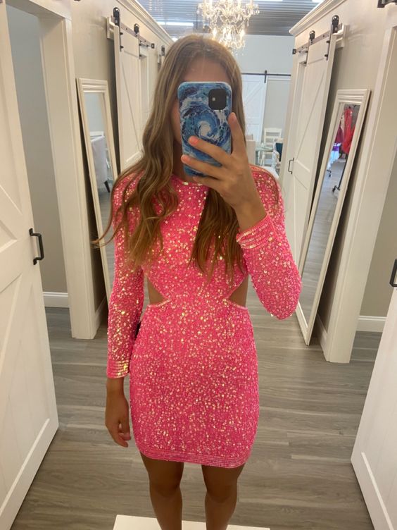 Long Sleeve Sequin Homecoming Dress fg2136