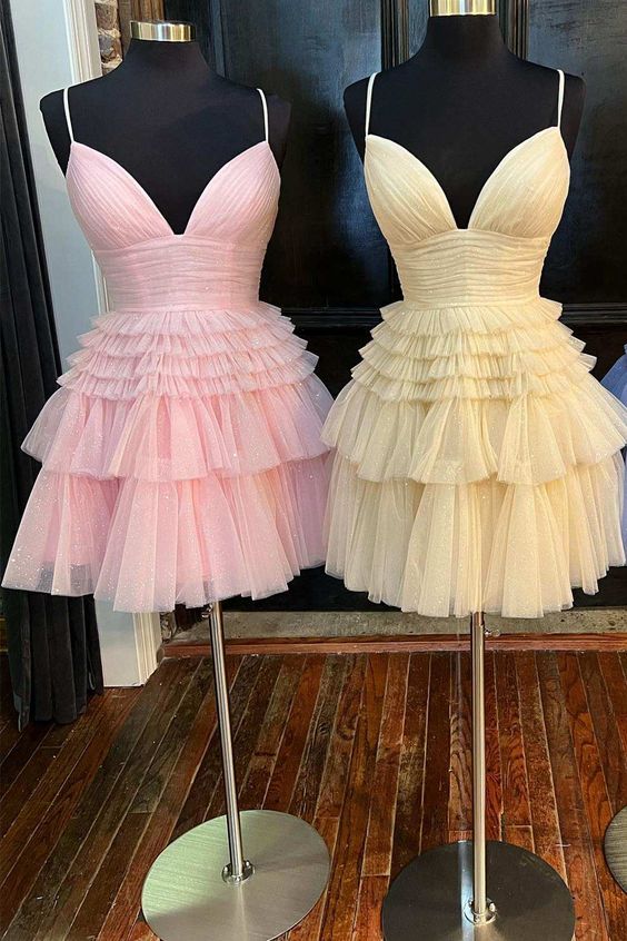 a-line v-neck multi-tiered short party dress,light pink cocktail dresses fg1530