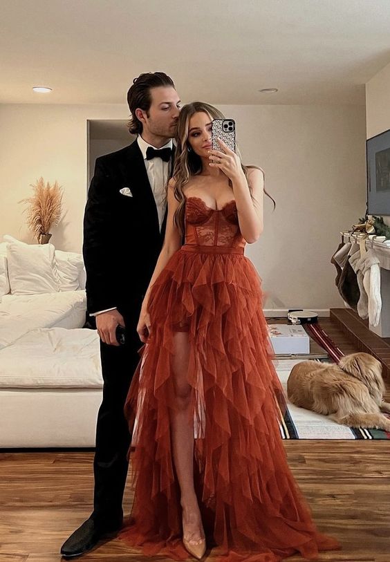Gorgeous Sweetheart Rust Tiered Long Formal Dress with Slit fg2555
