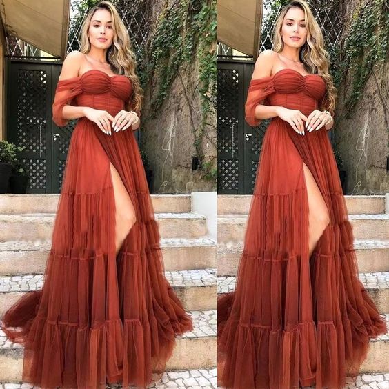 Robe de bal orange brûlé fendue fg2565
