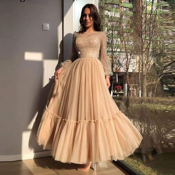 Sexy Shiny Long Sleeve Champagne A Line Elegant Tulle Prom Dress Sheer Scoop Neck Ankle Length Formal Evening Dress fg1301