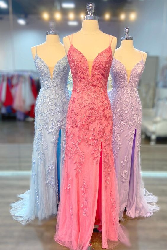 Straps Lace Appliques Mermaid Long Formal Dress with Lace Up Back fg1538