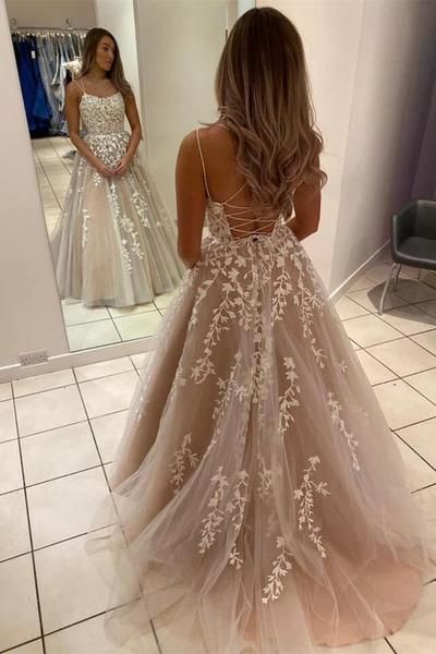 A Line Backless Lace Long Champagne Prom Dress, Backless Lace Champagne Formal Dress, Champagne Lace Evening Dress fg1461