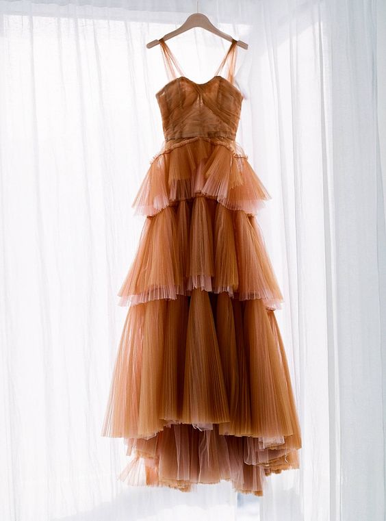 Brown tulle long prom dress, evening dress fg2358