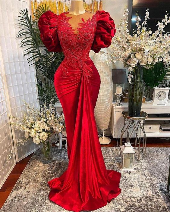 Luxury Red Mermaid Prom Dresses Lace Beaded Sheer Neck Velvet Evening Dress Formal Party Wear fg1847