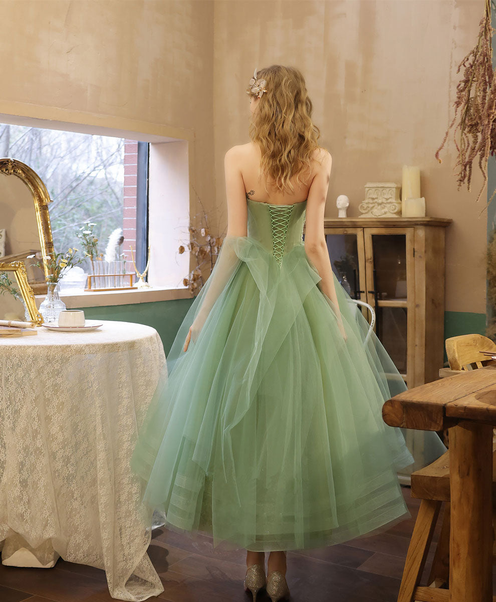 Robe de bal en tulle vert et dentelle, longueur thé, robe de soirée en tulle vert fg2359